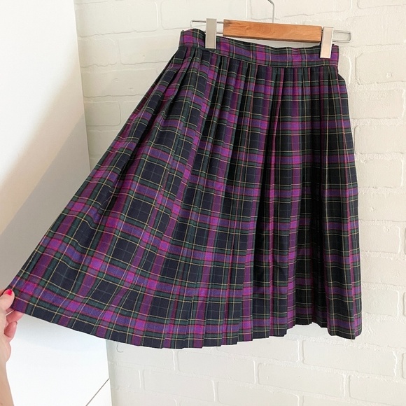 Vintage Midi Skirt Pleated Plaid Academia School prep Purple Green Sz 10 Petite - Picture 1 of 7